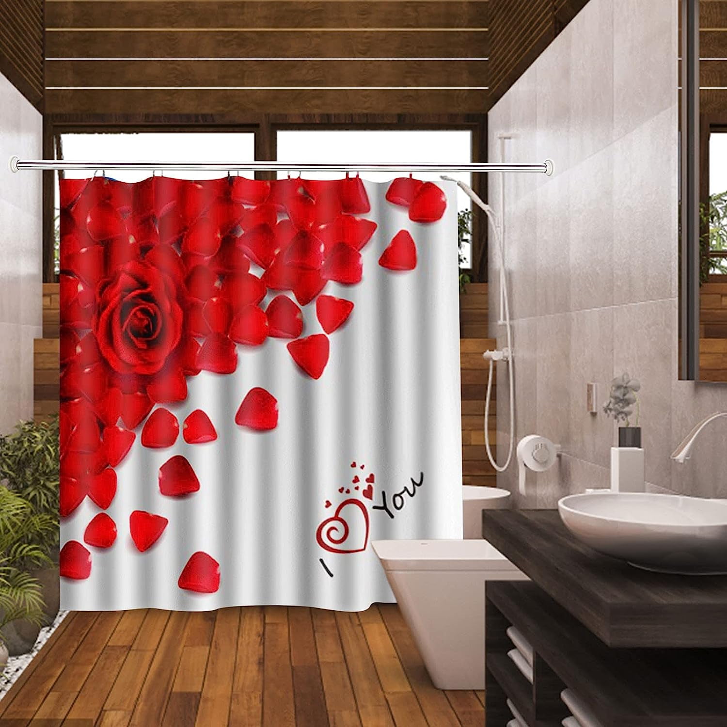 JOOCAR Bathroom Shower Curtain Heart Boho Curtain with Hooks 72x72In