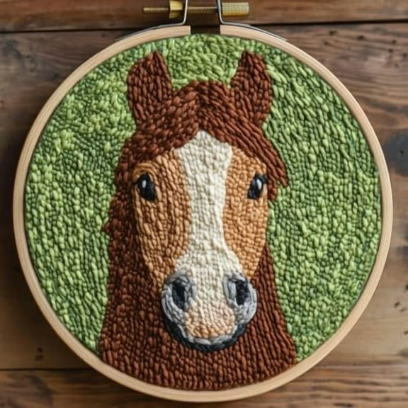 DIY Punch Needle Kits for Beginners Brown Horse with Hoop Embroidery Punch Needle Starter Craft Set Easy for Adults and Children Festival Gift and Decoration 20x20cm-2