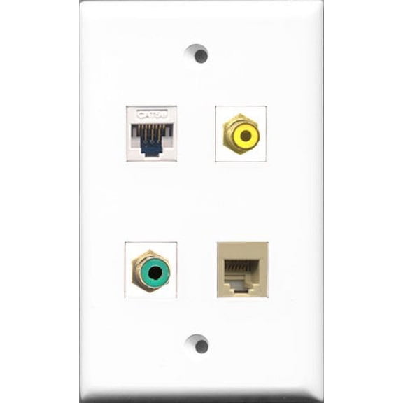 RiteAV 1 Port RCA Yellow and 1 Port RCA Green and 1 Port Phone RJ11 RJ12 Beige and 1 Port Cat5e Ethernet White Wall Plate