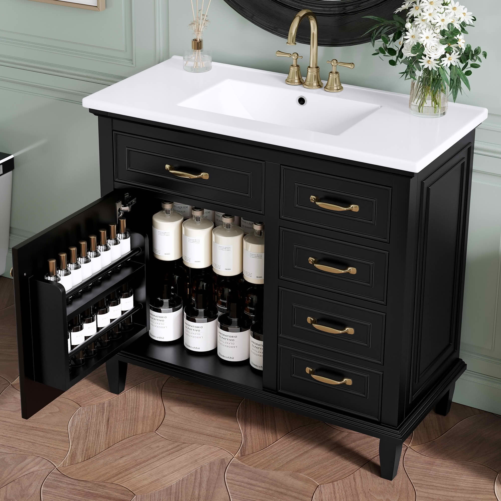 MAYEERTY 36" Bathroom Vanity Ceramic Sink Top Solid Wood MDF Poplar Cabinet Flip Drawers Adjustable Shelves Zinc Handles