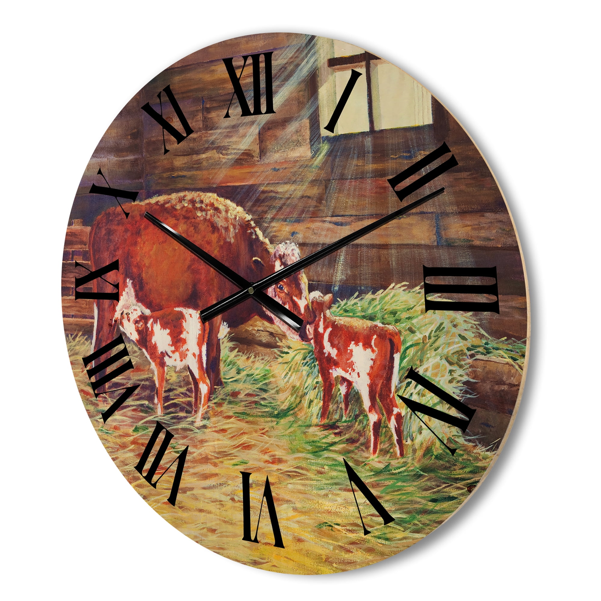 Designart 'Newborn Twin Calves With Cow At The Farm' Farmhouse Wood Wall Clock