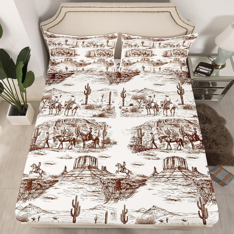 Western Cowboy Fitted Sheet Queen Size Brown Sketch Desert Wild Horse Bedding Set 3Pcs for Kids Boys Men Girls Bedroom Decor Rustic Farmhouse Bed Sheet Animals Deep Pocket Sheet,2 Pillowcase