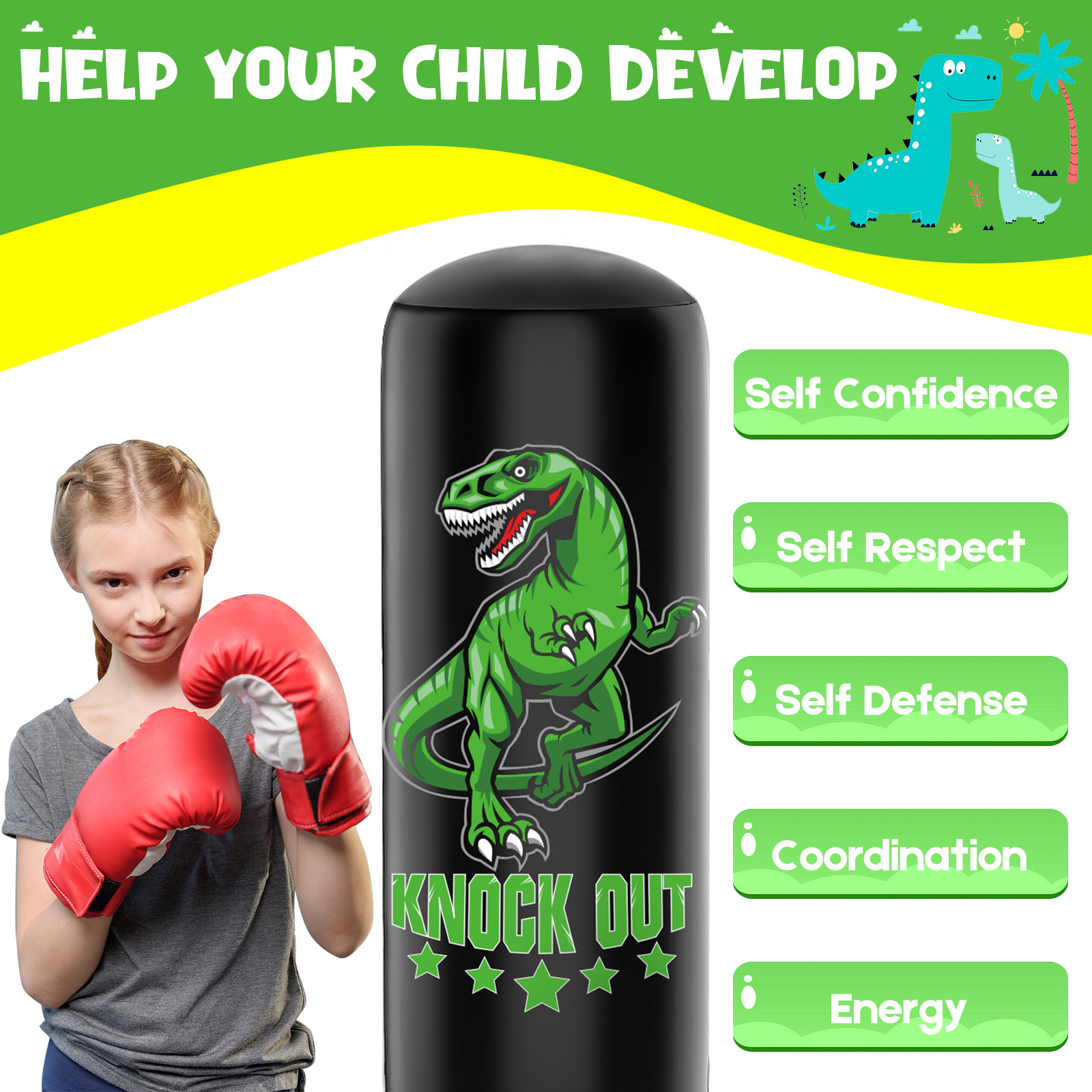 JUOIFIP Kids Inflatable Punching Bag, 66", 2.5 lb, Green