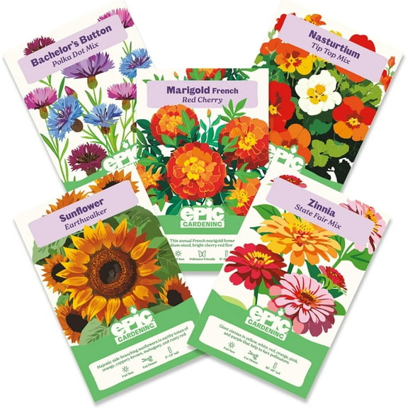 Epic Gardening Flower Garden Seed Collection, 5 Stunning Varieties, Includes Sunflowers, Zinnias, Nasturtiums & More, Brighten Your Garden with Blooms