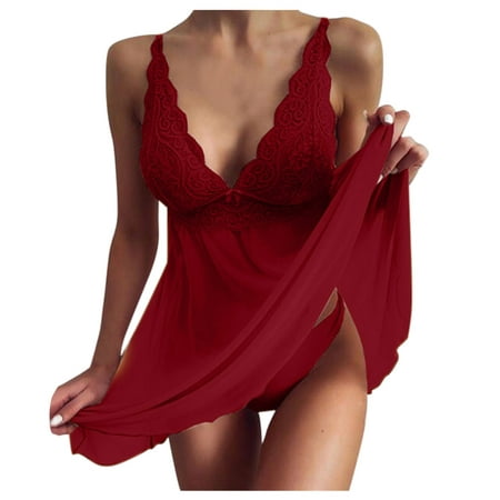 

DNDKILG Women s Teddy Lace Babydoll V Neck Mesh Chemise Sexy Nightgown Lingerie Red L