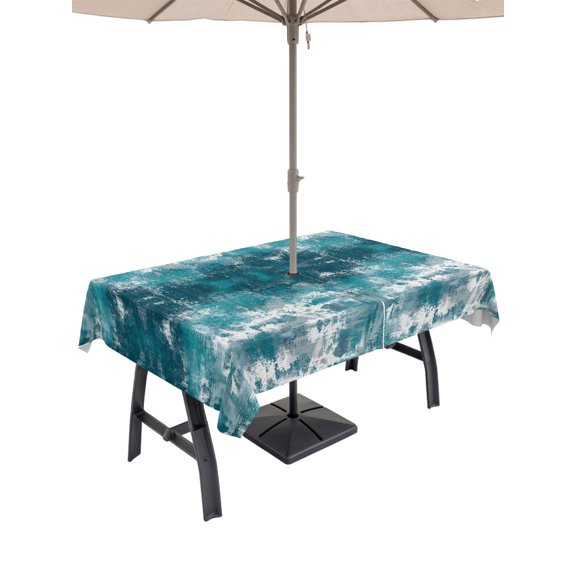 Outdoor Tablecloth with Umbrella Hole for Patio/Picnic/Party/Camping, Vintage Bohemia Waterproof Table Cloth Rectangle Table Cover Washable, Country Bohemia Minimalist Art Teal Green (54"x 80")