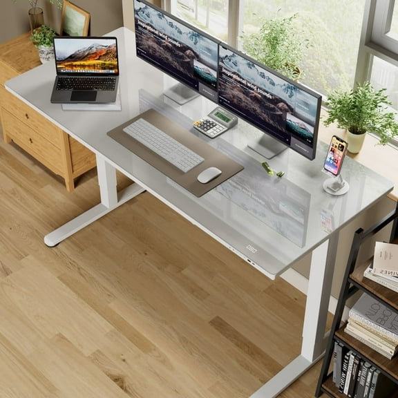 Homall 55" x 24" Glass Top Electric Standing Desk with Drawer, Height Adjustable Desk with Phone Stand & Charging Ports, Sit Stand up for Home Office,White
