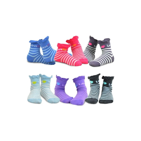 TeeHee Little Kids Girls Cotton Crew Ruffle Top Socks 6 Pair Pack (6-8 Years, Love)