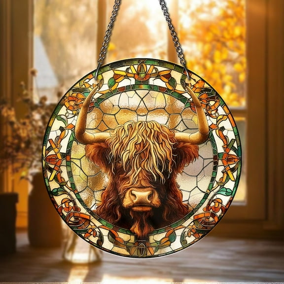 Highland Cow STAINED GLASS Sun Catcher Rustic Farmhouse Window Hanging Decor Scottish Highland Bull Decor Cow lover gift Farm Housewarming