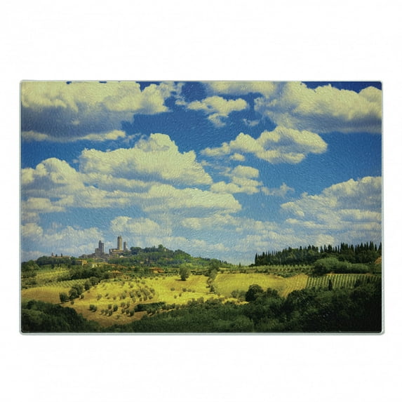 Italian Cutting Board, Old Italian Village Scenery with Meadows and Clouds Mediterranean Rural Print, Decorative Tempered Glass Cutting and Serving Board, Small Size, Green Blue White, by Ambesonne