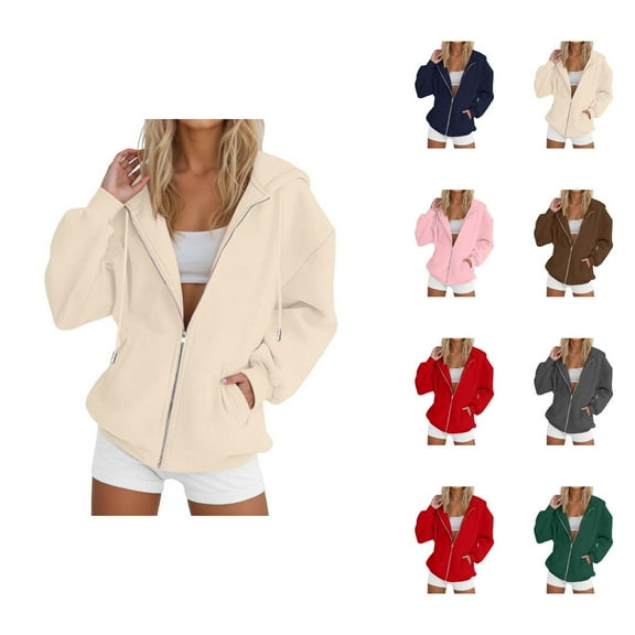 Resort Wear for Women 2025 Women's Solid Color Sweatshirt Women Fashion Solid Loose Hooded Zipper Hoodie Long Sleeve Jacket