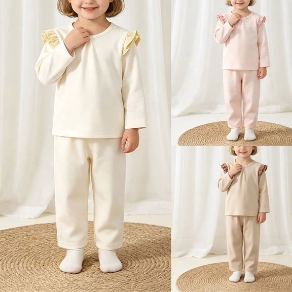 Faraee Baby Boy Girl Two Piece Outfit Ruffle Shoulder Long Sleeve Top and Pants Set Cotton Solid Color Loungewear Sleepwear for Infant Toddler 6 12 18 24 Months