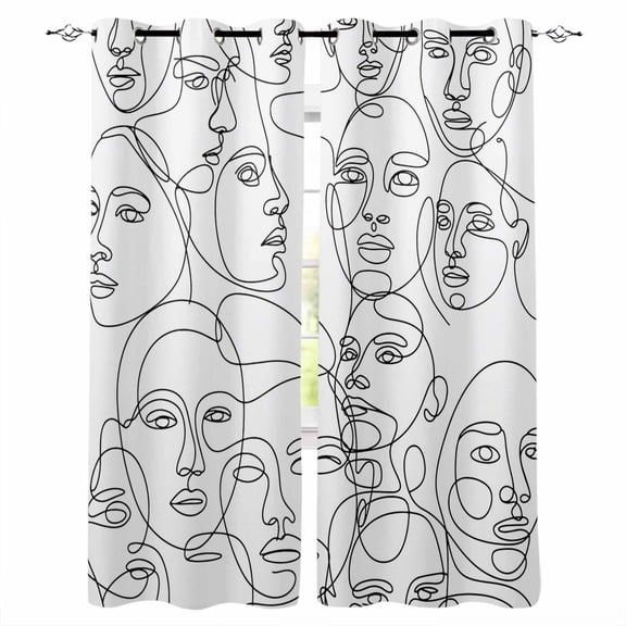 Fsddascl Abstract Style Blackout Curtains for Bedroom/Living Room, Thermal Insulated Kitchen Curtains, Face Line Modern Character Art White Grommet Darkening Window Treatment Drapes 42"x63"x2