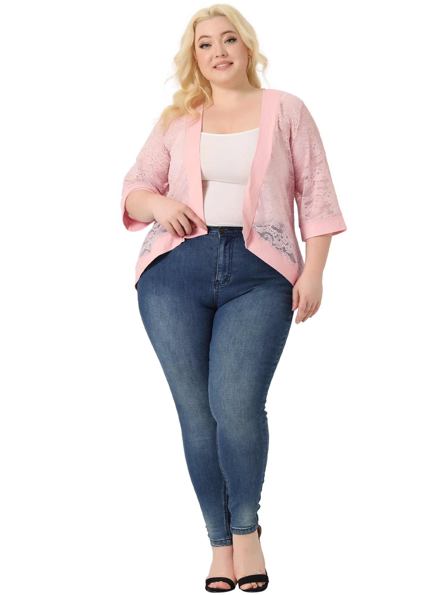 DARING DIVA Plus Size Bolero Outfits Lace Panel Sheer Cardigans 2X Light Pink