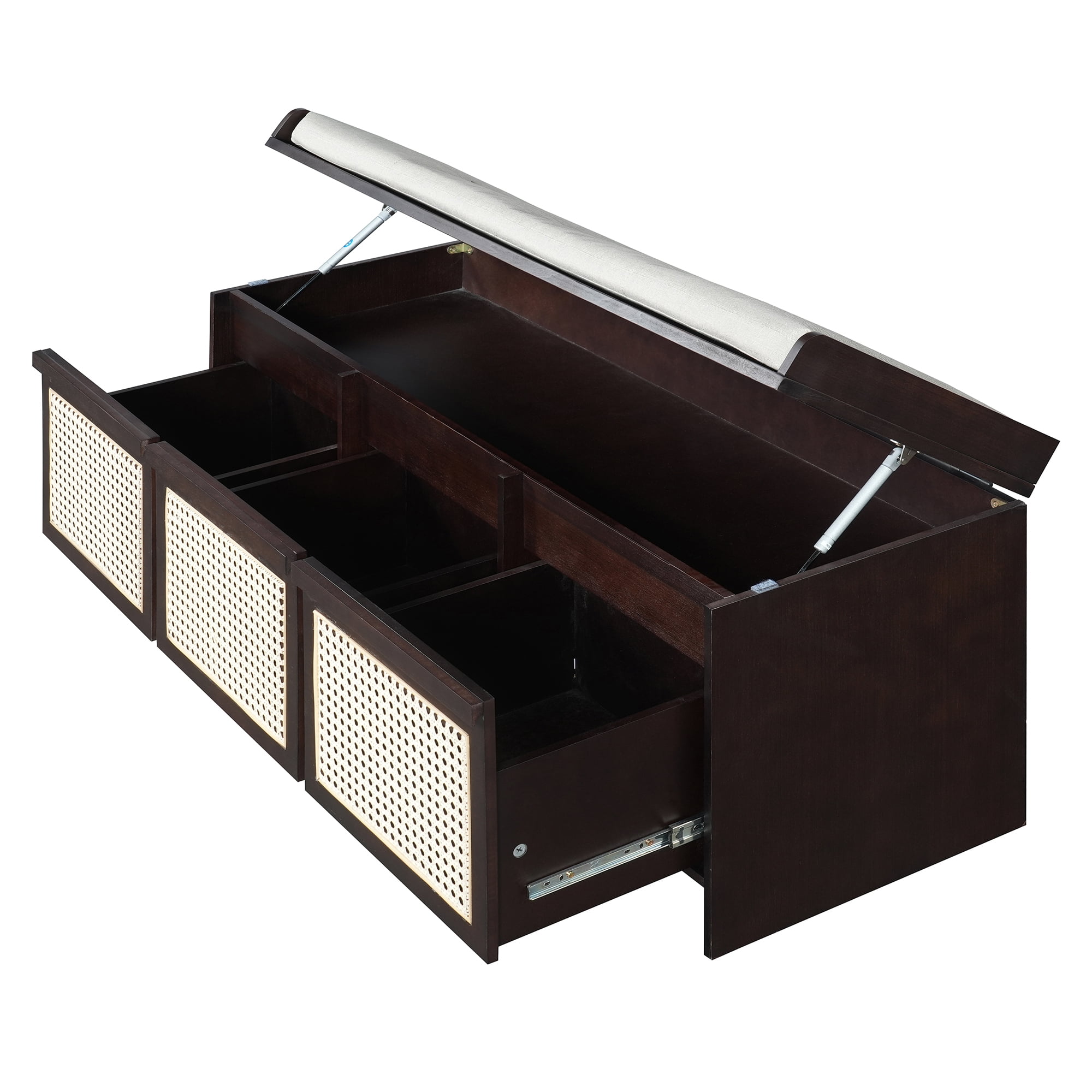 Euroco 48" Shoe Storage Bench, Retro Entryway Bench with 3 Rattan Drawers,Lift Top Storage & Removable Upholstered Cushion,Wooden Shoe Rack Bench for Living Room, Hallway, Foyer,Espresso