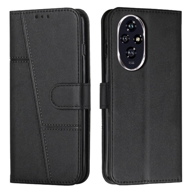funda flip para foxdock honor 200 pro 5g – carcasa delgada y resistente a impactos con soporte para uso diario y profesional, vista frontal y trasera centrada; funda negra tipo folio con cierre, costuras visibles y textura de PU cuero, recorte ovalado para cámara y borde elevado alrededor del módulo; interior TPU suave, soporte integrado y correa desmontable para transporte cómodo.