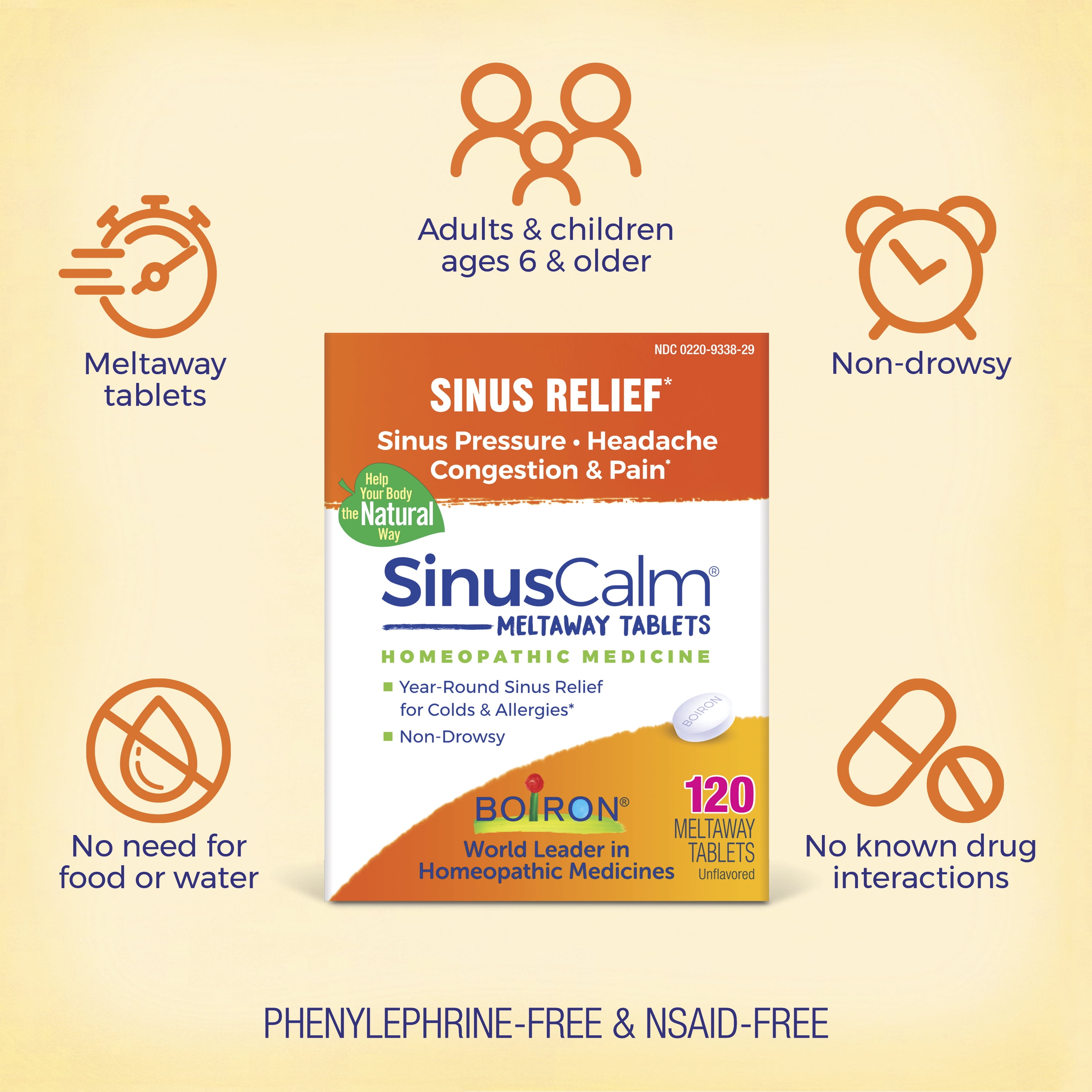 Boiron SinusCalm Tablets, Homeopathic Medicine for Sinus Relief, Sinus Pressure, Headache, Congestion, and Pain, 120 Meltaway Tablets