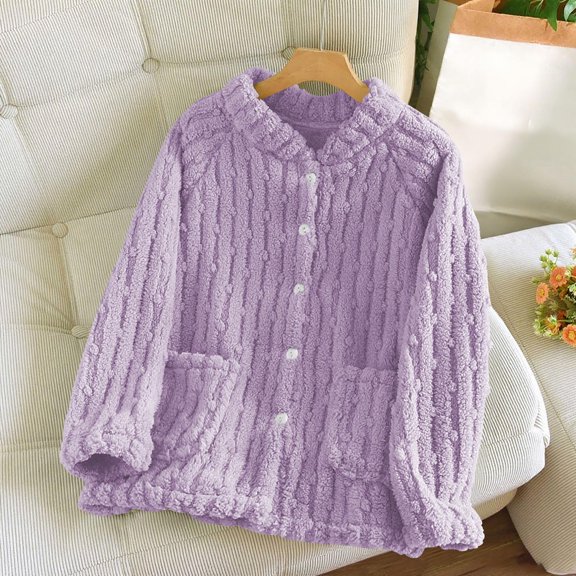 Women Plaid Pajama Flannel Plush Crew Neck Button Down Cardigan Thick Thermal Fall Winter Home Wear With Pockets (XL, Purple-B)
