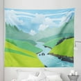thumbnail image 1 of Spring Green Tapestry, Cartoon Style Illustrated Graphic River Mountains Landscape Nature Botanical, Fabric Wall Hanging Decor for Bedroom Living Room Dorm, 5 Sizes, Sky Blue, by Ambesonne, 1 of 1