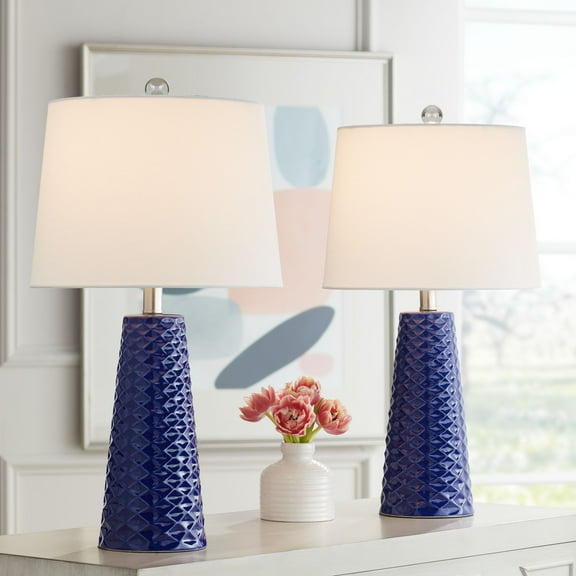 360 Lighting Ricky Modern Table Lamps 24" High Set of 2 Deep Blue Triangle Textured Ceramic White Fabric Tapered Drum Shade for Bedroom Living Room