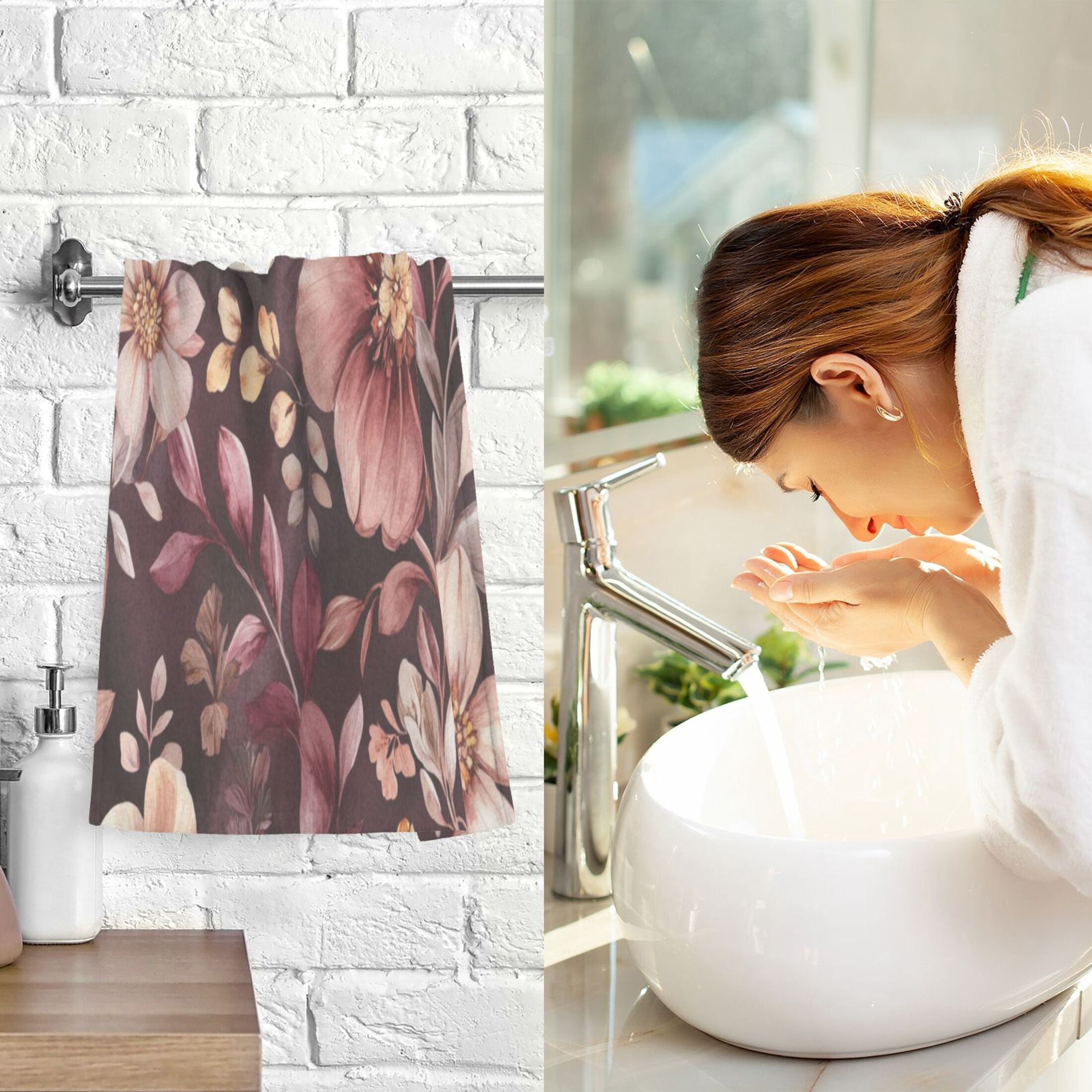 Cotton Towel Two-Piece 16x28 Inch One Sizex2 Face Towel Set Towel Set Cotton Hand Bath Towel Bathroom Beach Vibrant Maroon Flowers