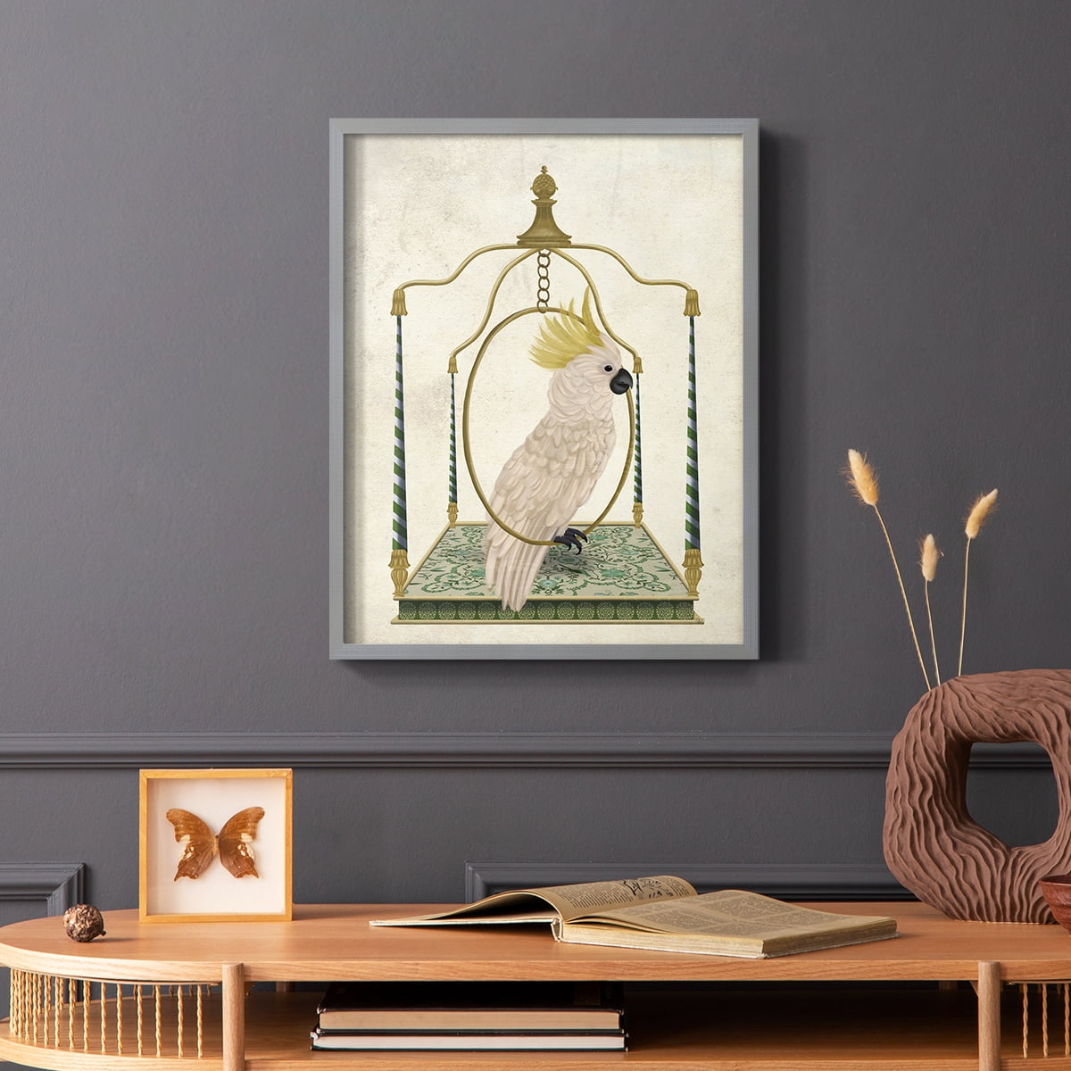 White Cockatoo on Swing Framed Print in Gray Solid Wood 16 x 20 Framed Print