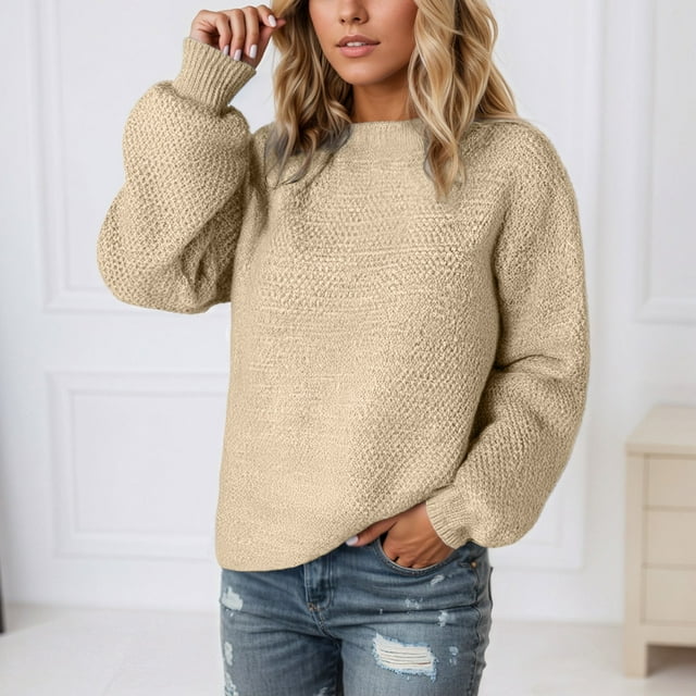 TINZ Chandail-Over Décontracté pour Femmes, Chandail en Tricot Doux, Col Rond, Manches Longues, pour Usage Quotidien, Confortable, Coupe Ample, Chandail en Molleton d'Hiver, Grande Taille