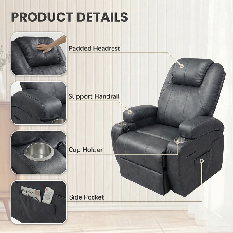 Homall 360° Swivel Rocking Recliner Massage Oversized Singal Sofa For Living Room Ergonomic High Backrest and Adjustable Recliner,PU Black