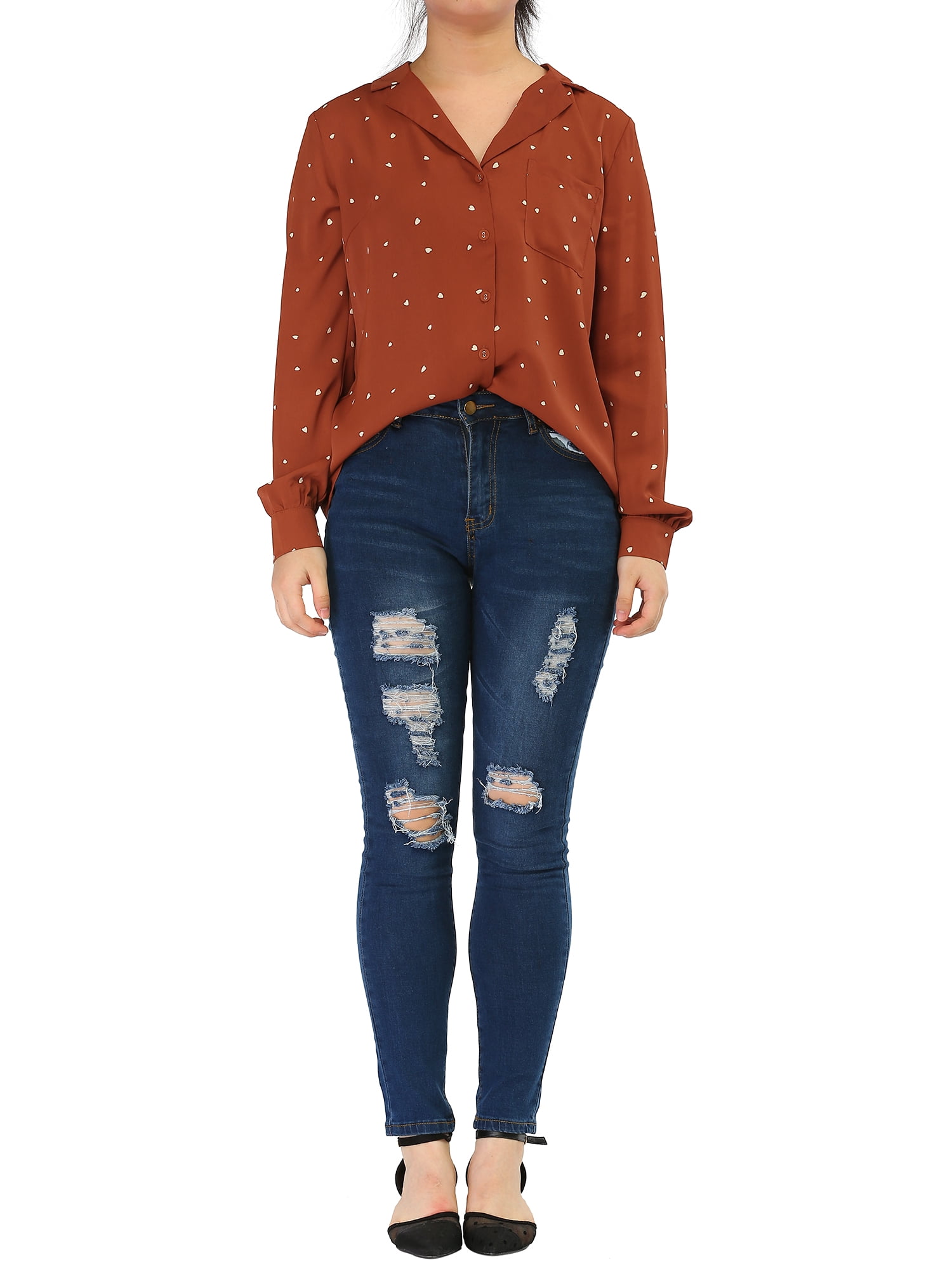 DARING DIVA Women's Notched Lapel V Neck Heart Polka Dots Shirt S Brown Red