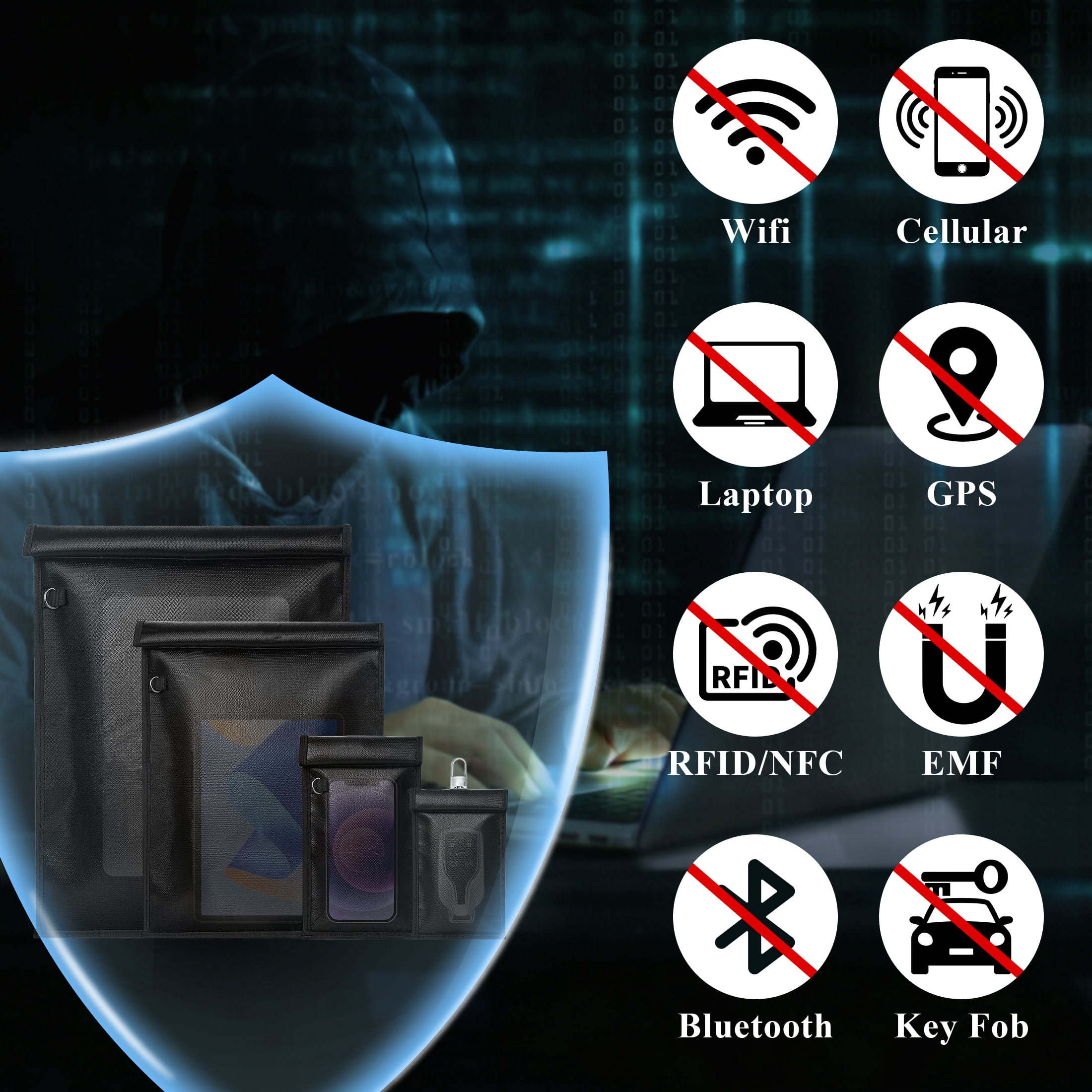 cyrico 4 Pack Faraday Bags, Large Faraday Bag for Laptops & Tablets & Phones & Car Keys, Anti-Tracking Faraday Cage, Faraday Key Fob Protector, Fireproof Waterproof EMP Bag RFID Signal Blocker Pouch