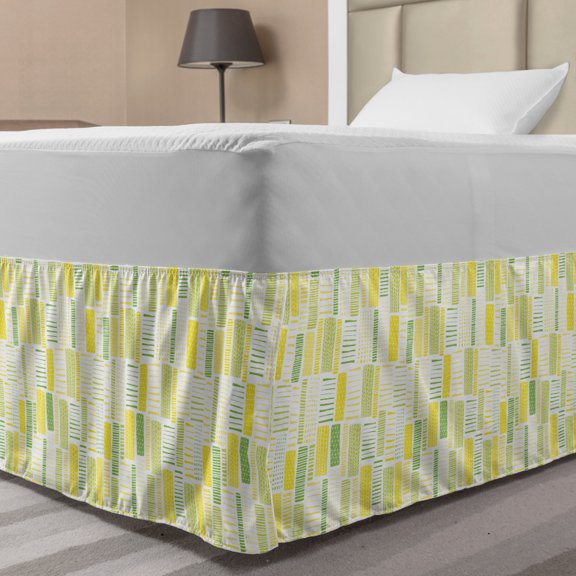 Abstract Bed Skirt, Illustration of Rhythmic and Geometric Pastel Tones Demonstration, Elastic Bedskirt Dust Ruffle Wrap Around for Bedding Decor, 4 Sizes, White Yellow and Lime Green, by Ambesonne