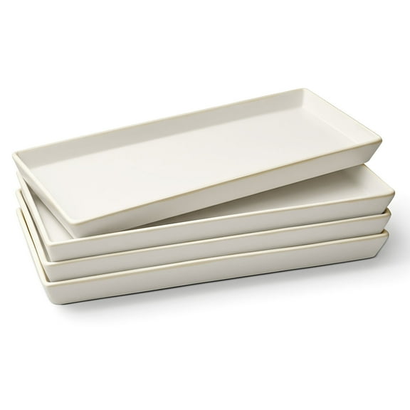 Kook Ceramic Rectangular Serving Trays, White, 11 Inch, Set of 4