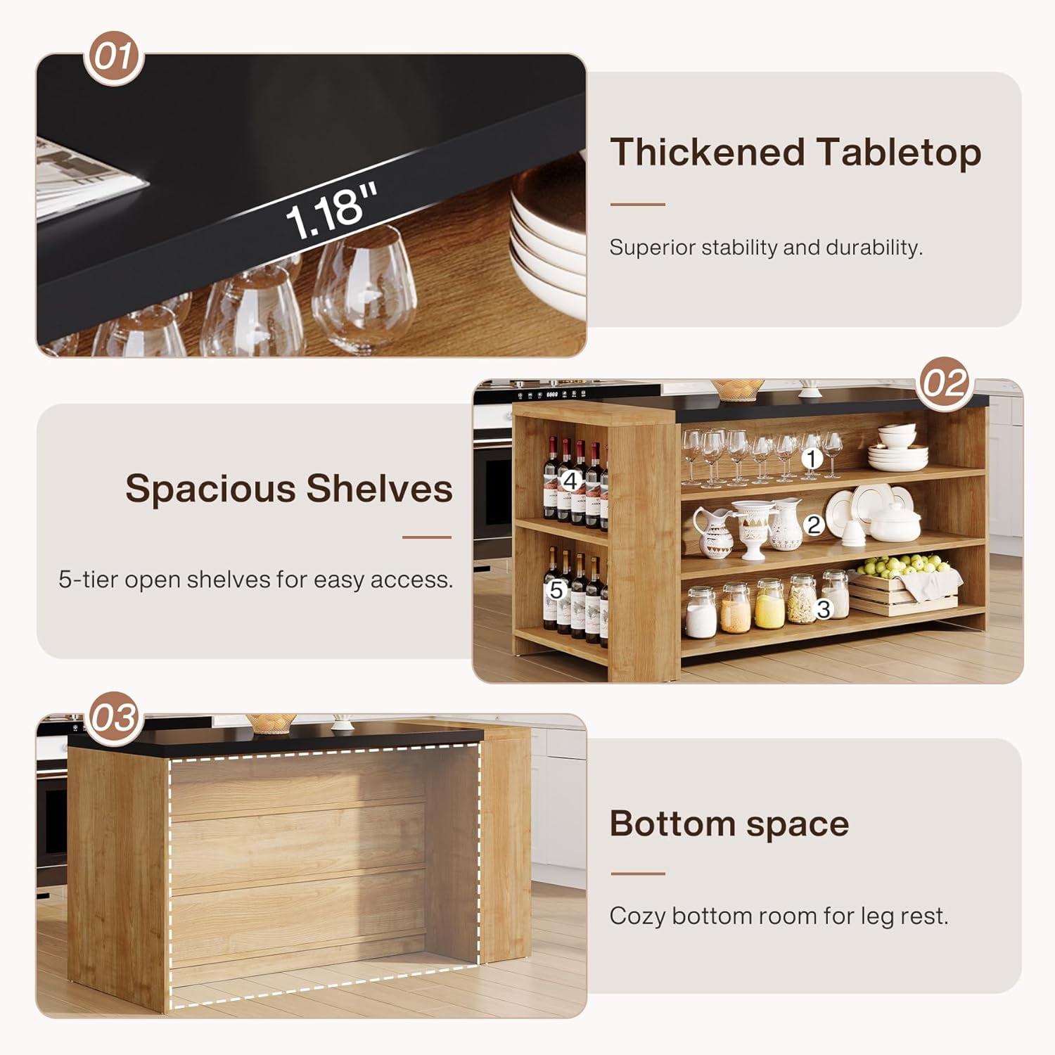 Tribesigns 55" 5-Tier Stationary Kitchen Island with Storage, Farmhouse Coffee Bar Table with Large Countertop, Wood Storage Cabinet for Kitchen - Vintage Brown