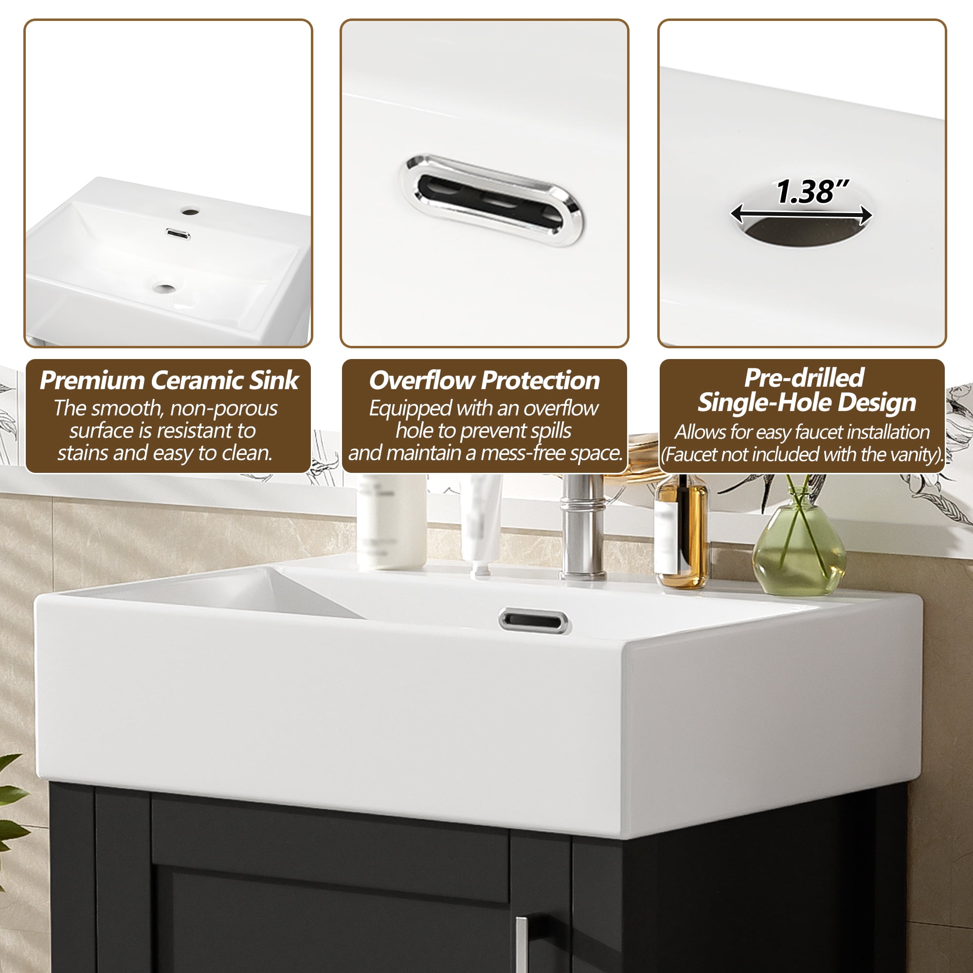 MODERNLUXE 20" Bathroom Vanity with Ceramic Sink, Undermount Vanity Sink Cabinet with Soft-Close Door & 1 Drawer, Freestanding Bathroom Storage Cabinet for Small Space,Black