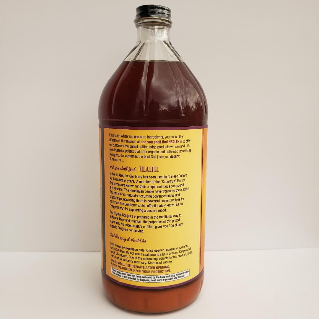 Organic Only GOJI Fruit Juice 100% Pure Puree 32oz (1qt) GLASS Bottle - The Happy Berry Vitamin Rich Super Juice Traditionally Prepared - 30g Goji Superfruit Per Serving - Gluten-Free & Vegan
