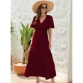 thumbnail image 6 of Boho Dot Summer Maxi Dresses for Women Wrap V Neck Short Sleeve Long Flowy Church Wedding Guest Dress Red S, 6 of 8