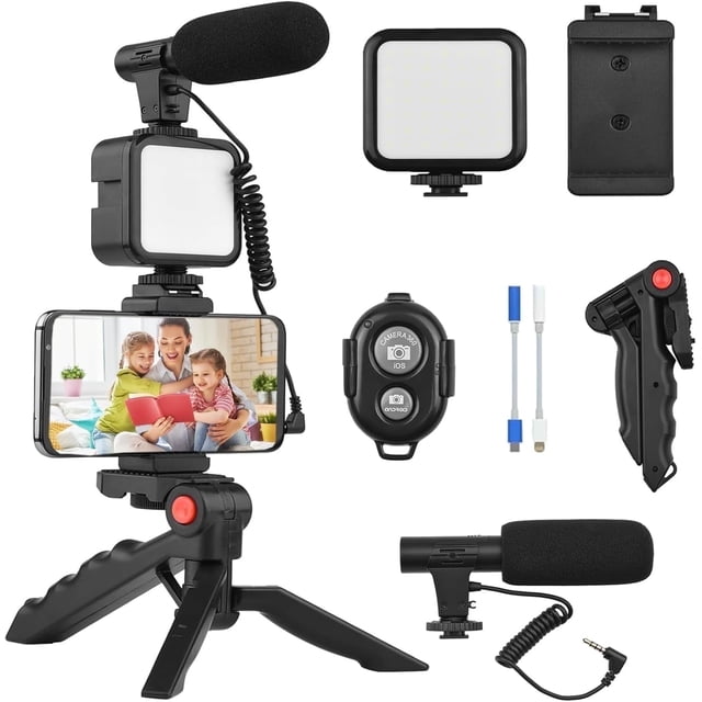 Kit de Vlogging para iPhone, Android (con Trípode), con Mini Luz de Video LED + Micrófono Cardioide + Clip para Teléfono + Trípode para Videollamadas, Vlogging, YouTube, Instagram, TikTok