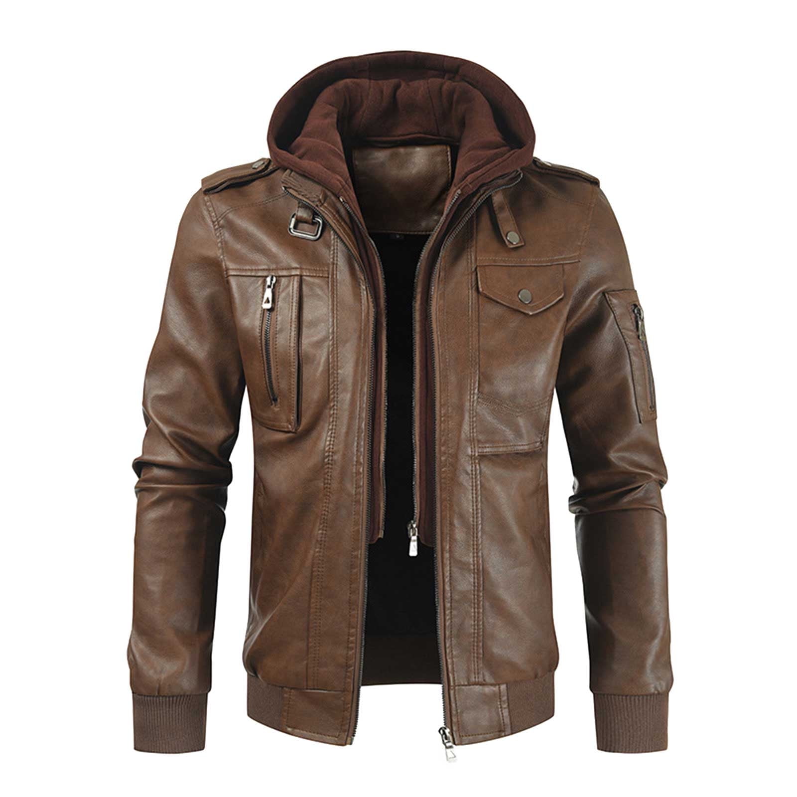 guisaled Faux Pu Leather Jacket Men Full Zip Motorcycle Jacket Waterproof Windproof Moto Vintage Bomber Jackets with Hood Clothing