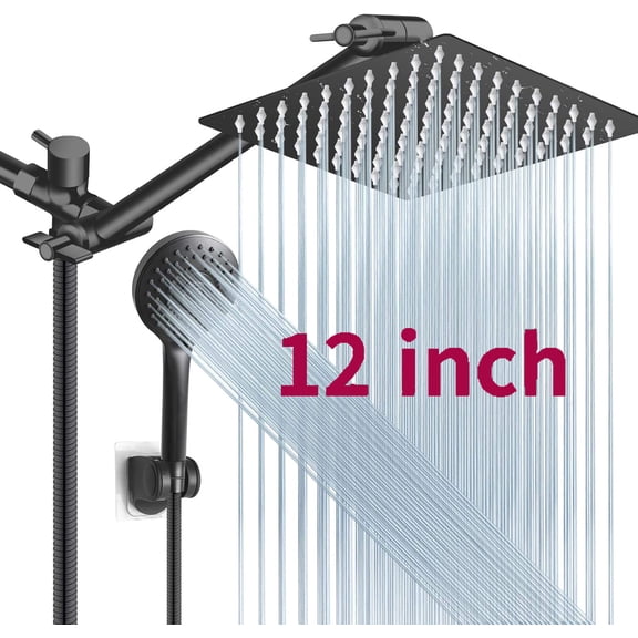 Zovajonia Matte Black 12 in Ultra-Thin Rain Square Shower Head with 3-Setting Handheld Spray and 11-inch Extension Arm High Pressure Adjustable