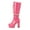 Pink, variant on Black Knee High Boots Womens Black Booties Solid Color Square Toe Thick High Heels Platform Glossy Leather Women Boots Lace up Pearl Chain Fashion Store High Boots