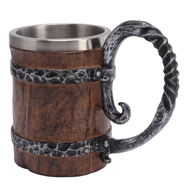 Jarra de cerveza con asa de acero inoxidable Ormromra jarra Medieval de imitación de madera de doble pared