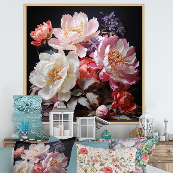 Designart "Peonies In Asian Painting VI" Asian Floater Framed Wall Decor