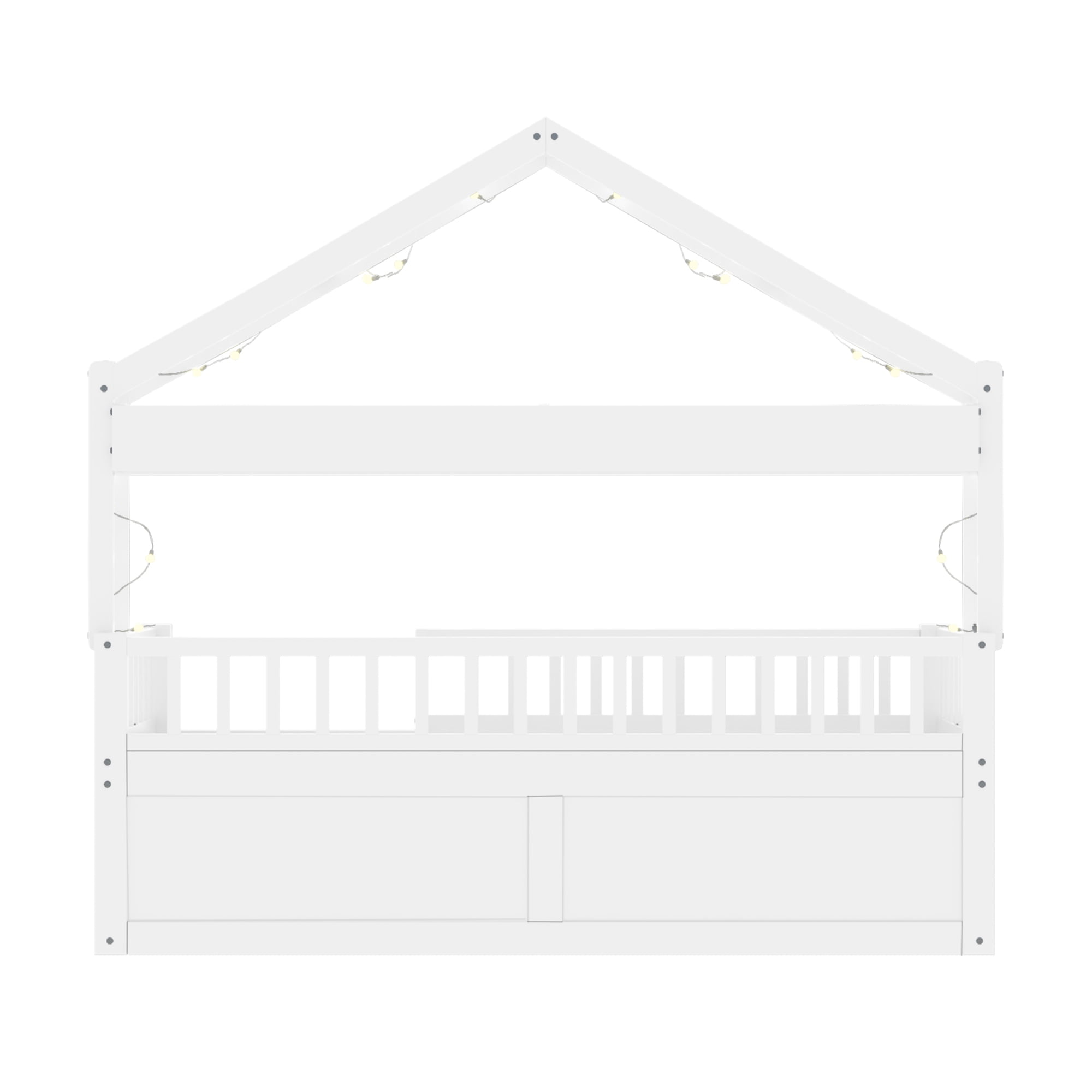 Mintazer Twin Montessori Floor Bed with LED Lights & Bookshelf, Kids House Floor Bed with 3 Arched Cubbies & Drawer and Guardrail for Boys Girls Bedroom Playroom, White