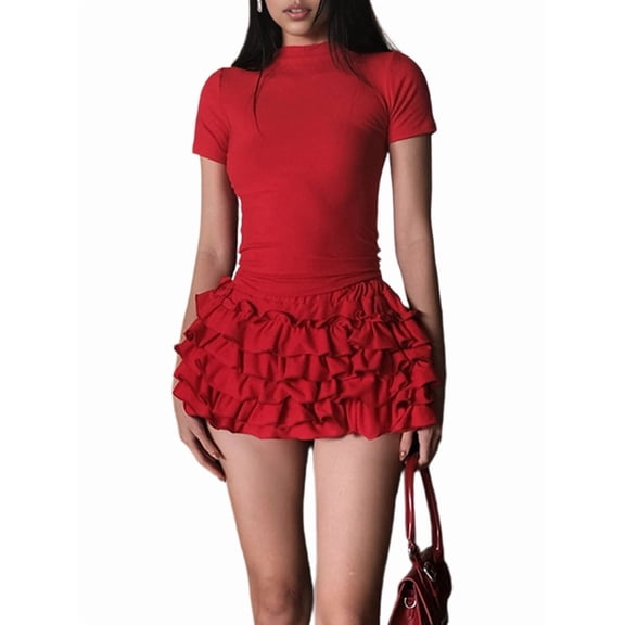 2 Piece Sets for Women Going Out Top and High Waist Skirt Set Red S