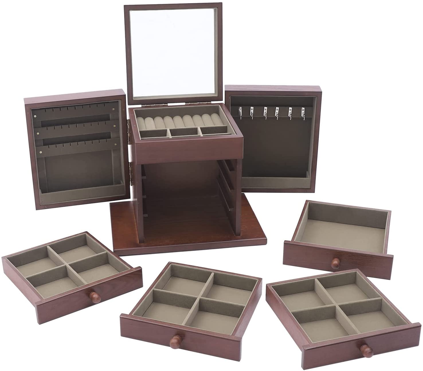 5 Layer Wooden Jewelry Box Jewelry Organizer Box with Mirror and Lock Jewelry Storage Box Case Valentine's Day Gift for Women Ring Necklace Watches
