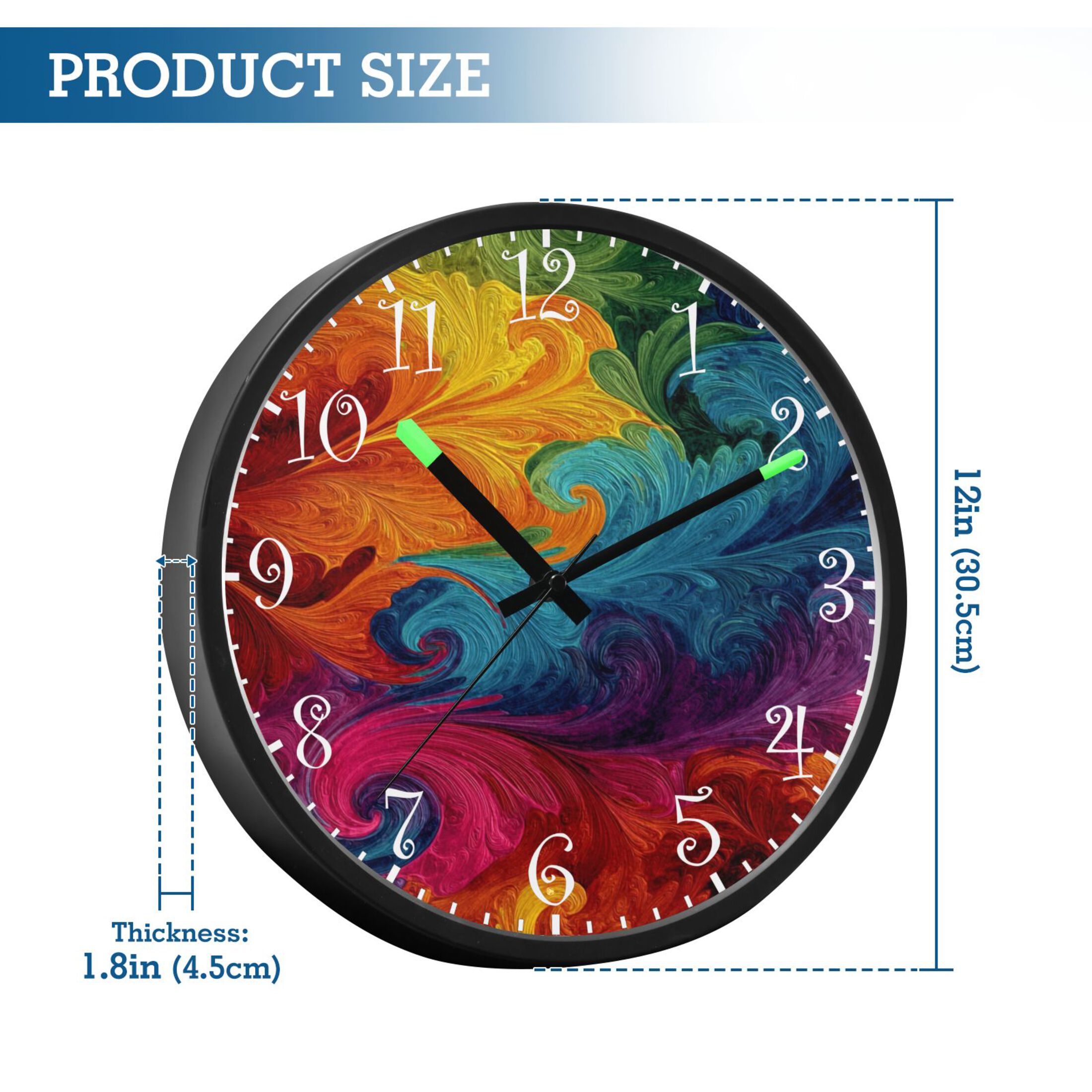 Voice Activated Clock with Glow Light 12 Inch Large Silent Wall Clock Battery Operated for Home Decor Vibrant Colorful Tie-dye Pattern