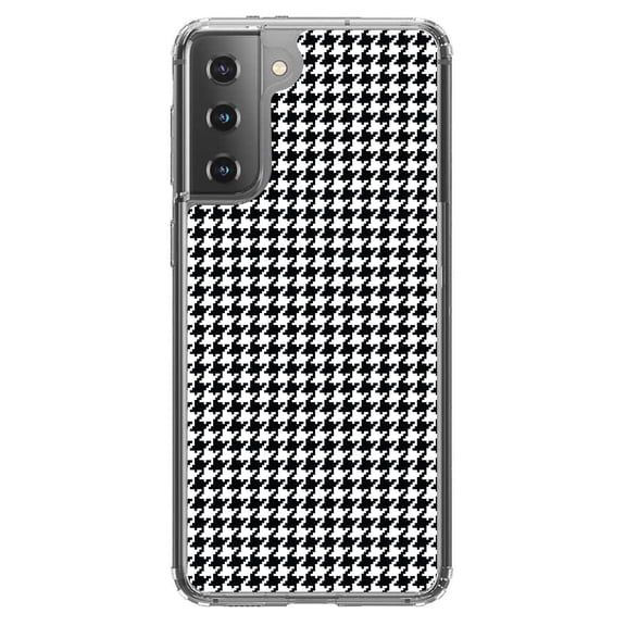 DistinctInk Clear Shockproof Hybrid Case for Galaxy S21 5G (6.2" Screen) - TPU Bumper, Acrylic Back, Tempered Glass Screen Protector - Black White Houndstooth Pattern