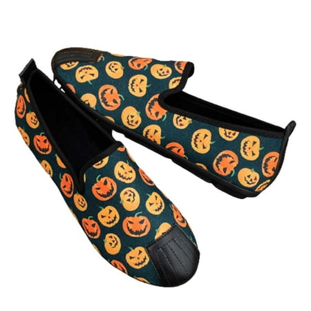 

Pyhlmscde Women s Wide Loafers Women s Flat Shoes Low Top Slip on Sneakers Halloween Pumpkin Print Shallow Mouth Round Toe Casual Flat Shoes