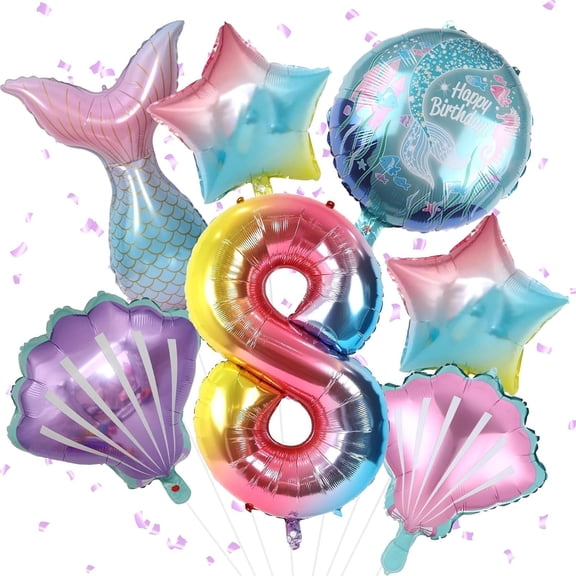 Mermaid 8th Birthday Decorations - 8Pcs Rainbow Number 8 Balloon, Large Helium Foil Tail Balloon, Seashell Balloons for Party Supplies