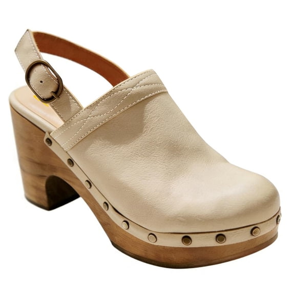 FSJ Women Slingback Clogs Wooden Block Heel Closed Round Toe Platform Studded Mules Buckle Strap Vintage Dress Slide Sandals Size 8 Beige
